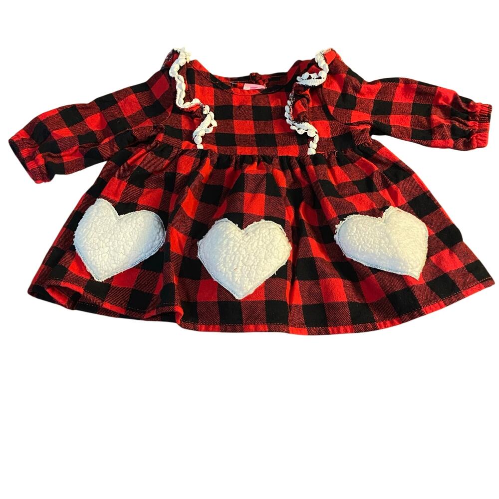 Goodlad red black checkered fleece heart‎ long sleeve ruffle baby shirt SIZE 6M